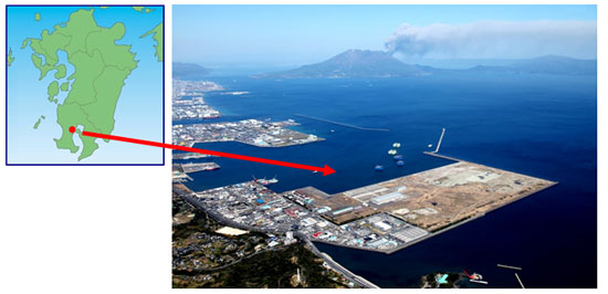 (Left to right) Map of the southern island of Kyushu, Japan (site location indicated by red dot), and aerial image of site location