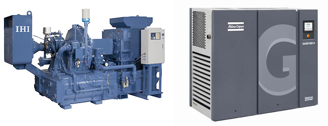 左:IHIターボコンプレッサTRAシリーズ / 右:アトラスコプコスクリュコンプレッサGA90VSD 左:IHIターボコンプレッサTRAシリーズ / 右:アトラスコプコスクリュコンプレッサGA90VSD