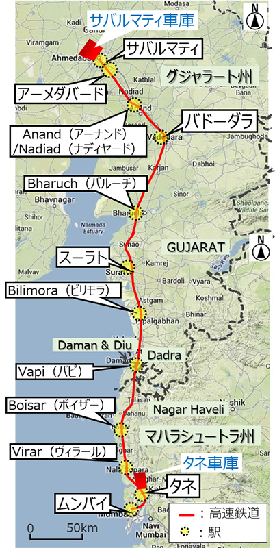 インド高速鉄道計画路線図