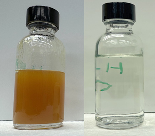 Fig 1  Liquid hydrocarbon synthesized from CO2 and hydrogen (Left),  Upgraded jet fuel-range sample (Right)