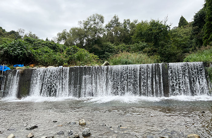 A sand control dam located approximately 500 meters upstream from the confluence. It stands 2.5 meters tall.