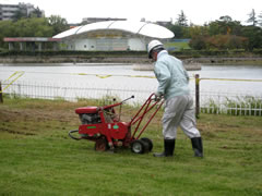 公園芝生の除染実験（福島県郡山市）
